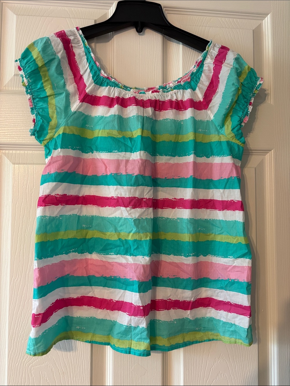 Vineyard Vines Girls' Striped Short Sleeve Top in Turquoise, Pink, White & Green